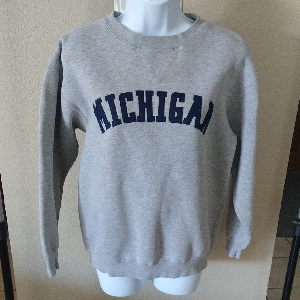Unisex Michigan Gray Crewneck Sweatshirt with Navy Lettering